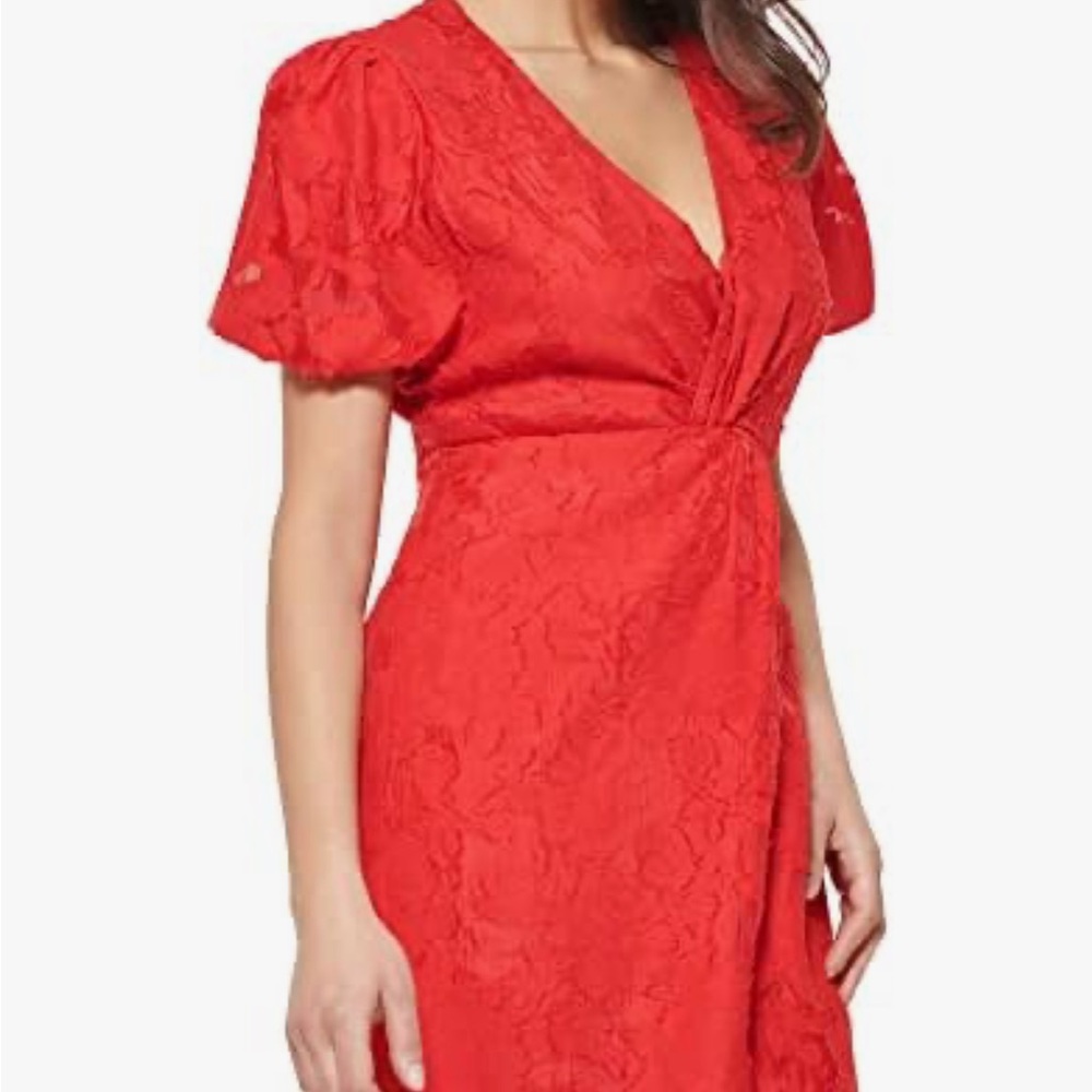 Guess Red Lace Midi Dress with puff sleeves